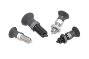Indexing plungers, steel or stainless steel with plastic mushroom grip, rotation lock and lead-in chamfer