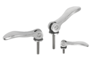Cam levers, steel, adjustable with external thread, plastic thrust washer and steel stud